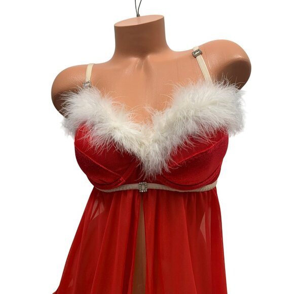 VTG Red Feather Trim Lingerie Babydoll Nightgown Holiday Santa Inner Secrets L - Picture 7 of 8